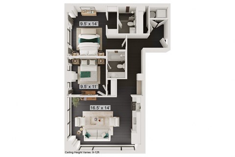 Floor plan for 2 beds, 2 baths, 893 sqft